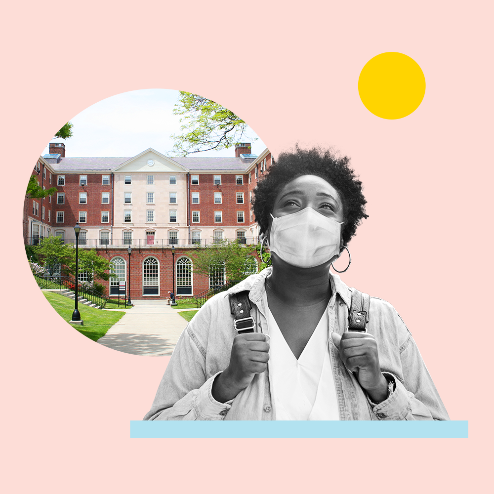 a woman wearing a face mask and a backpack